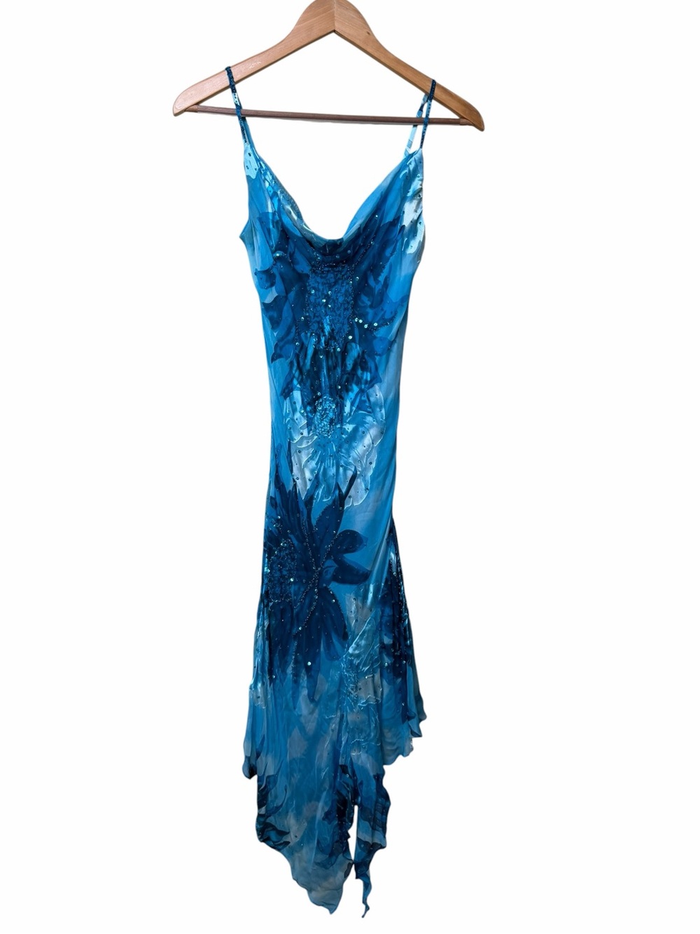 Caché Silk Blue Floral Beaded Sequin Fairy Hem Y2K Midi Dress Size 2